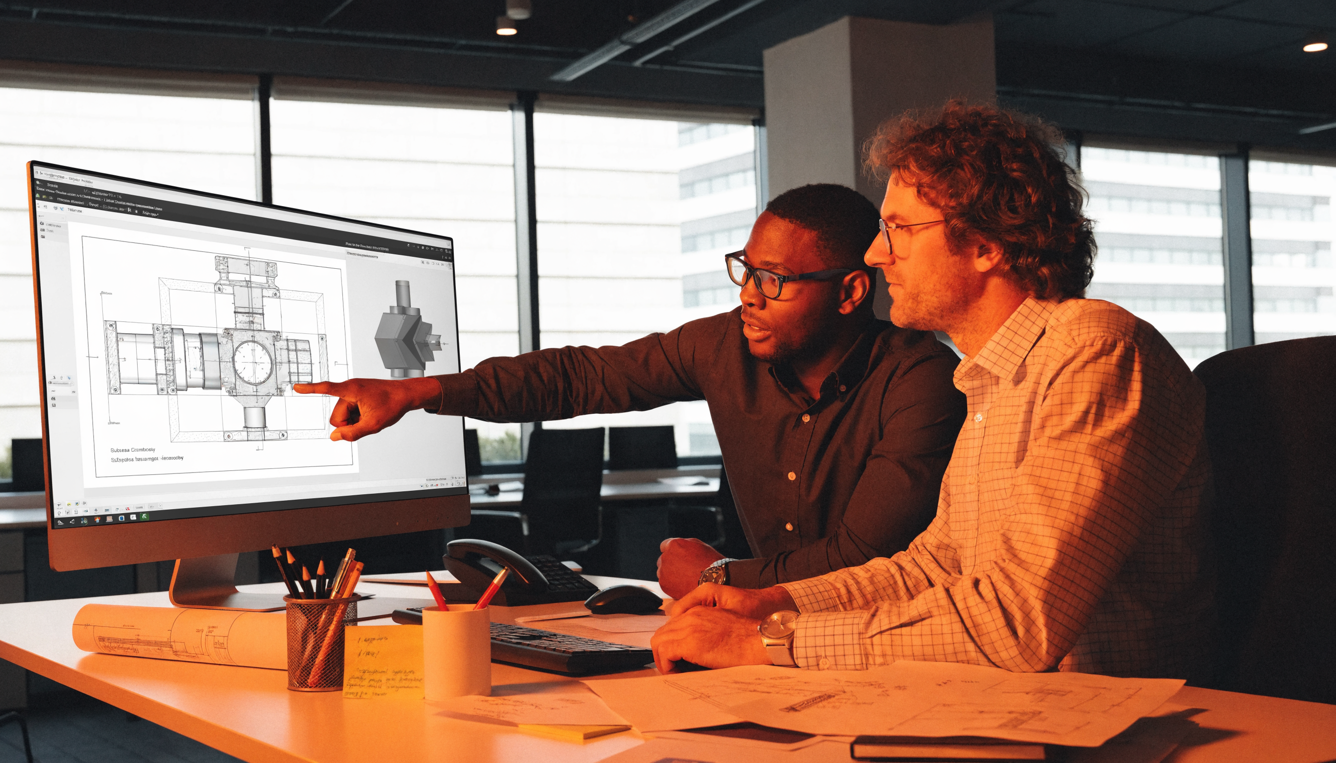 Engineers reviewing technical drawings in office